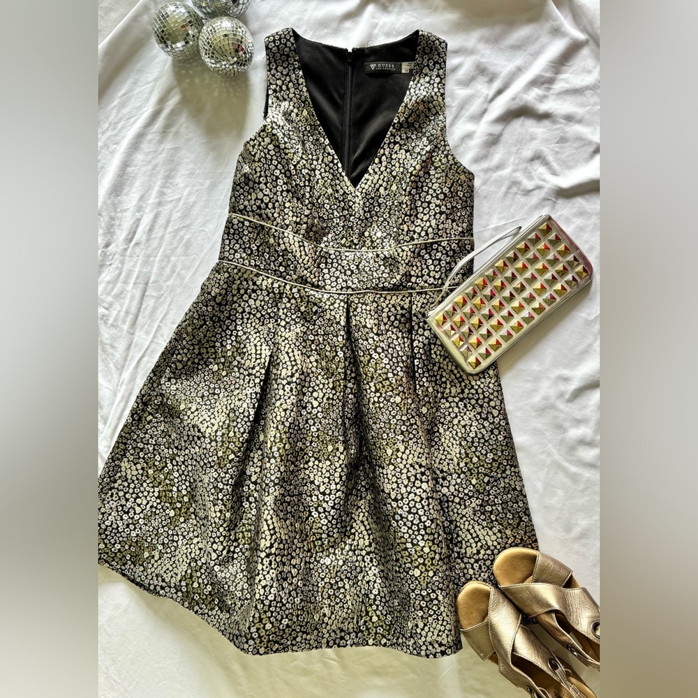 🌴Guess LA Black, Silver, & Gold Pleated Mini Dress